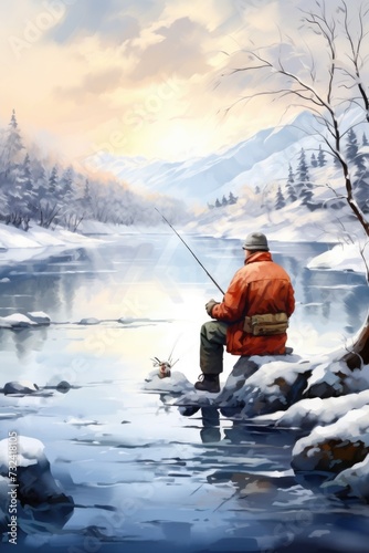 A painting of a man fishing in a river. Suitable for outdoor and nature-related themes