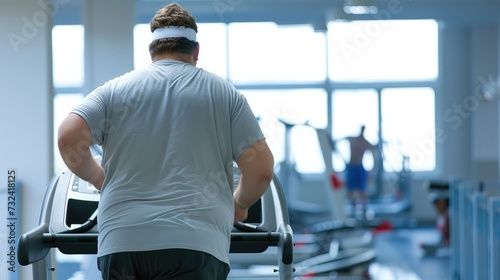 Exercising in a fitness club. An overweight middle-aged man runs on a treadmill in the gym.