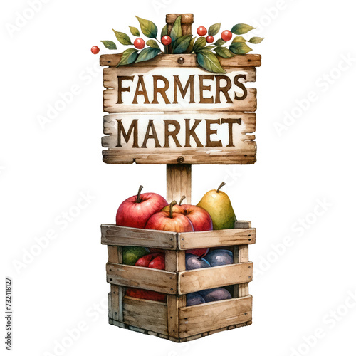 Watercolor Farmers Market illustration. A whimsical fruits in the box with Farmer's Market wood sign clipart perfect, for crafting, scrapbooking, and more!