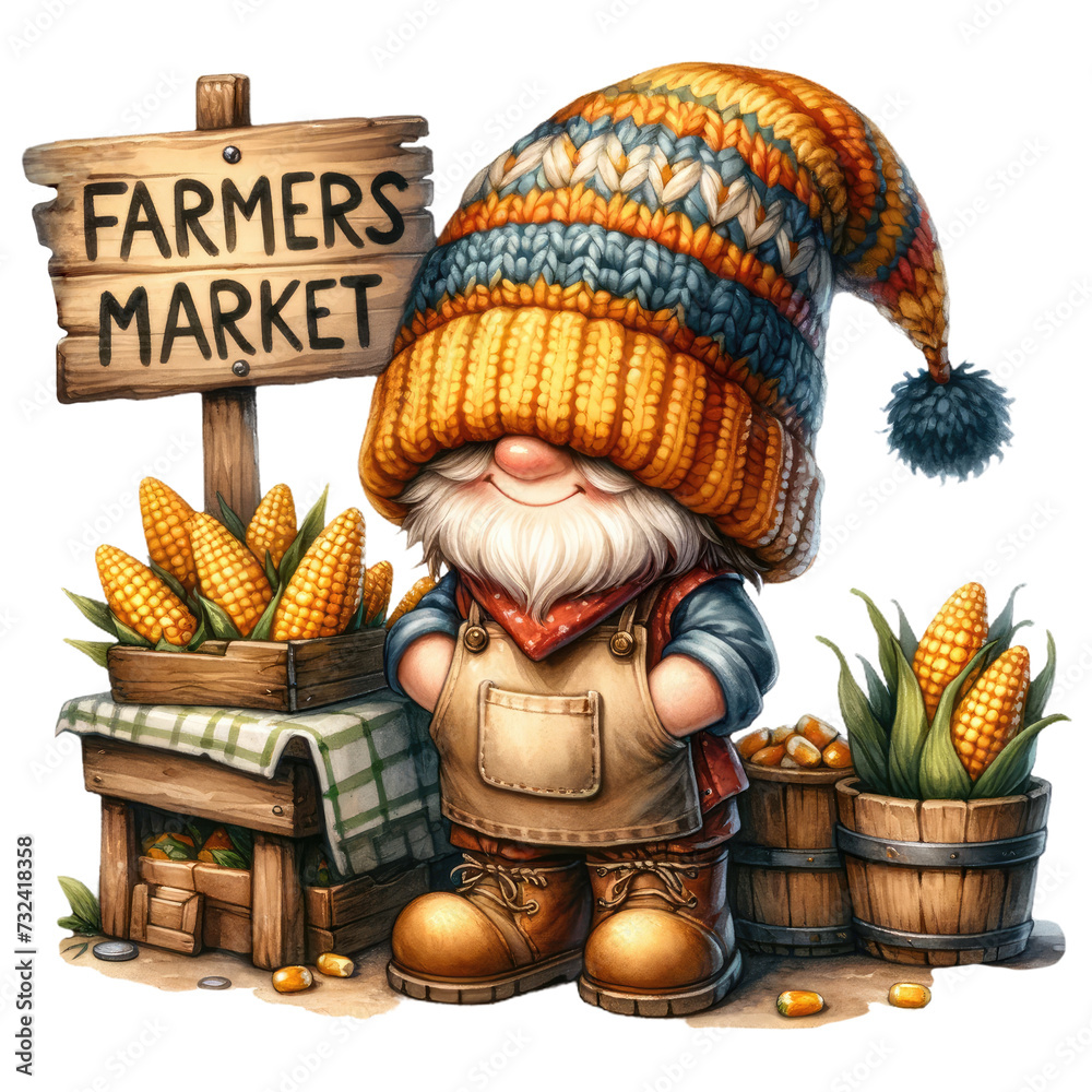 Watercolor Farmers Market Gnome illustration. A whimsical gnome selling corns with Farmers Market Shop sign clipart, perfect for crafting, scrapbooking, and more!