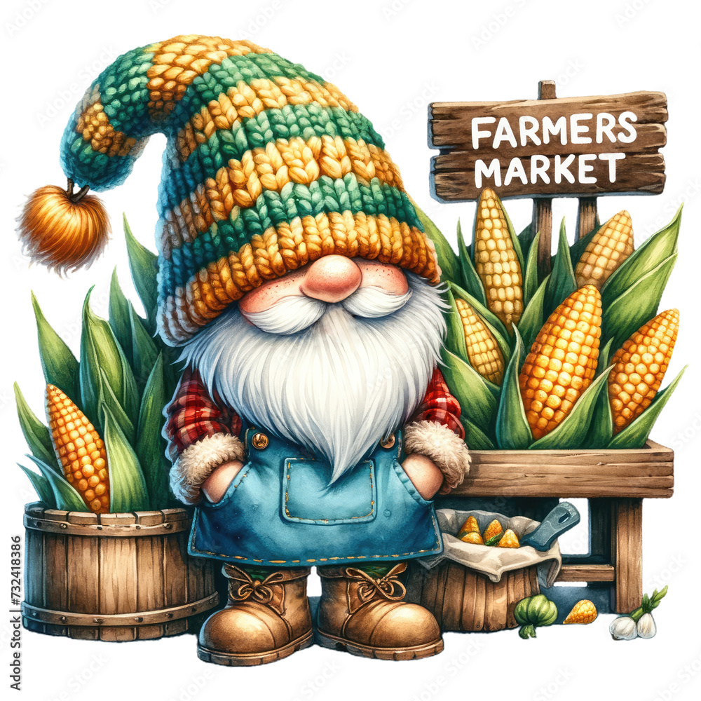Watercolor Farmers Market Gnome illustration. A whimsical gnome with Farmers Market Shop sign clipart, perfect for crafting, scrapbooking, and more!