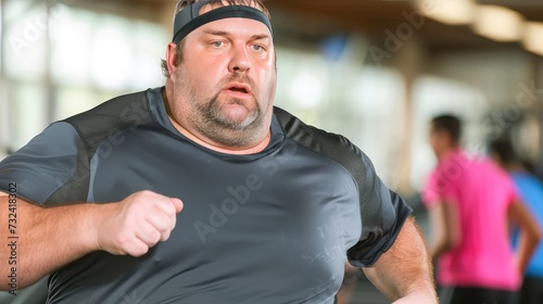 Exercising in a fitness club. An overweight middle-aged man runs on a treadmill in the gym.