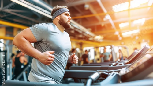Exercising in a fitness club. An overweight middle-aged man runs on a treadmill in the gym.