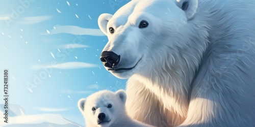 A beautiful painting capturing the bond between a polar bear and her cub. This picture can be used to depict the love and protection between a mother and child