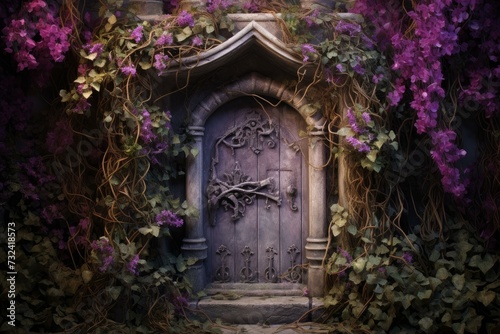 Vivid Purple fairy door flowers. Castle house. Generate Ai