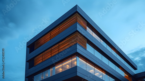 A modern office building with large glass windows and shutters. The lighting is warm and inviting.