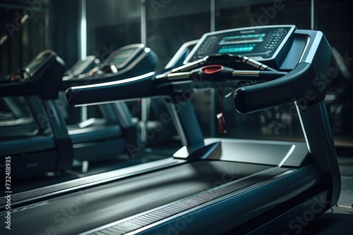 A detailed view of a treadmill machine in a gym. Ideal for fitness and exercise concepts