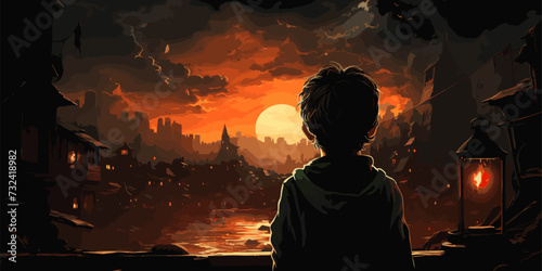 young woman with a glowing umbrella sitting on top of the building against the starry sky, digital art style, illustration painting