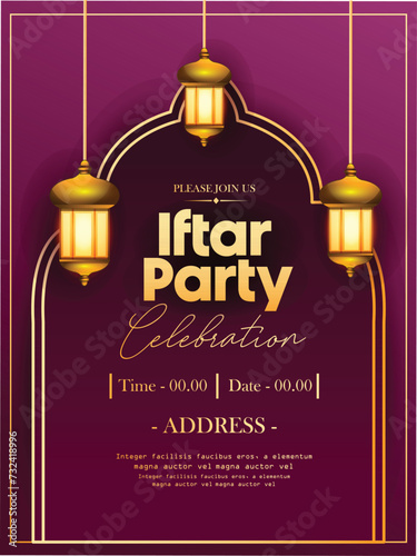 Iftar Party invitation. Text translation: Generous Ramadan. Greeting banner (Ramadan Kareem) with ancient lantern (fanoos) and dried dates. Vector.