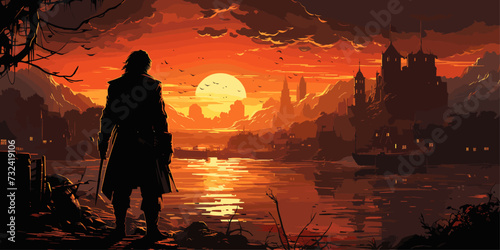 young woman with a glowing umbrella sitting on top of the building against the starry sky, digital art style, illustration painting