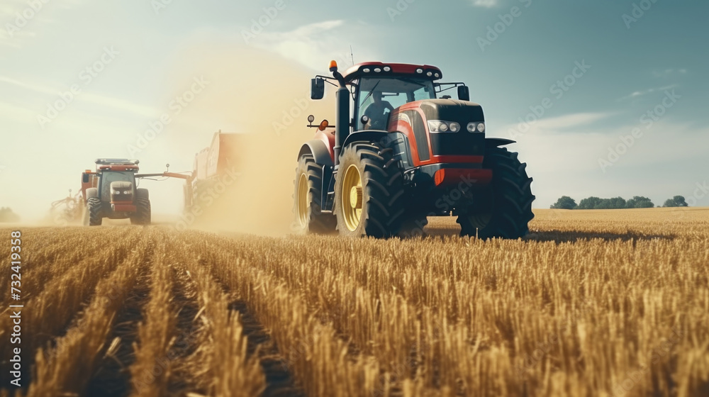 Fototapeta premium A tractor driving through a field of wheat. Suitable for agricultural, farming, or countryside themes