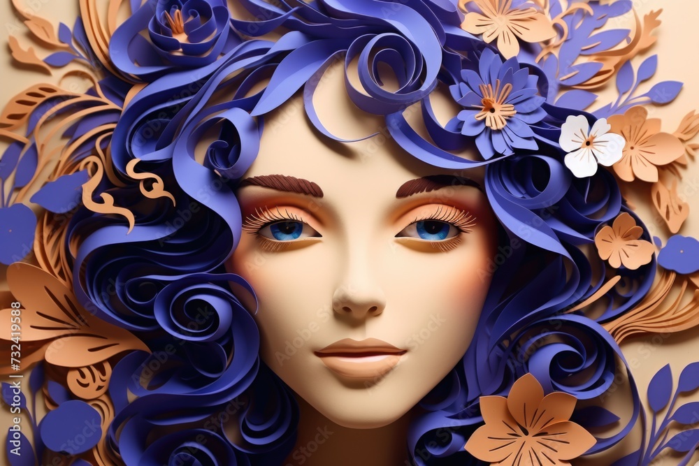 A close-up shot of a woman's face adorned with delicate paper flowers. Perfect for creative projects and beauty-related themes