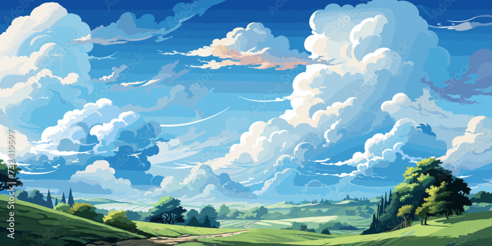 Vector blue sky clouds. Anime clean style. Background design vector flat bright colors -