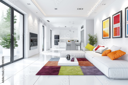 Light spacious living room with white and colorful interior