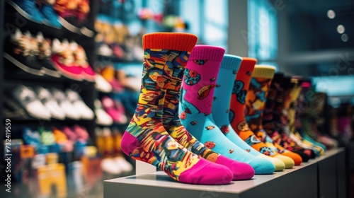 Colorful socks displayed in a store. Suitable for retail, fashion, and clothing concepts