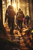 A group of people walking through a forest. Suitable for outdoor and adventure themes
