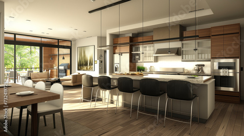 3D design masterpiece with a seamlessly integrated open concept kitchen and dining area