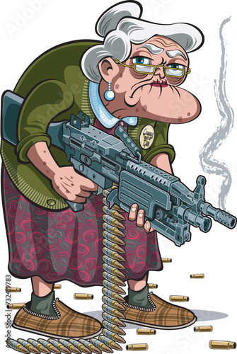 Cartoon style old grumpy woman hold light machine gun 