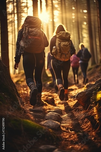 A group of people walking through a forest. Suitable for outdoor and adventure themes © Fotograf