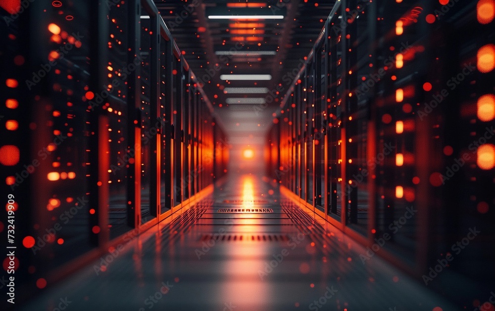 A Long Hallway Illuminated by Numerous Red Lights