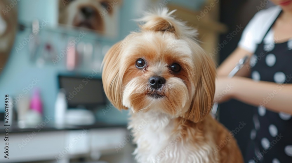 A well-groomed Shih Tzu dog looks at the camera during a grooming session A well-groomed Shih Tzu dog looks at the camera during a grooming session