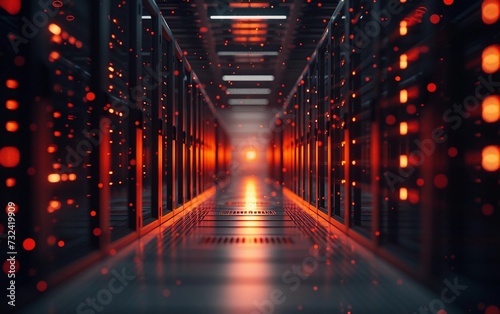 A Long Hallway Illuminated by Numerous Red Lights