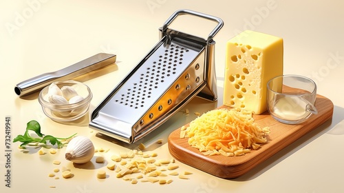 A picture of a cheese grater with a variety of cheese and other ingredients on a table. Perfect for food preparation and cooking concepts photo