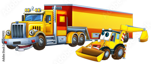 cartoon scene with heavy cargo truck and excavator digger workers talking togehter being happy illustration for children