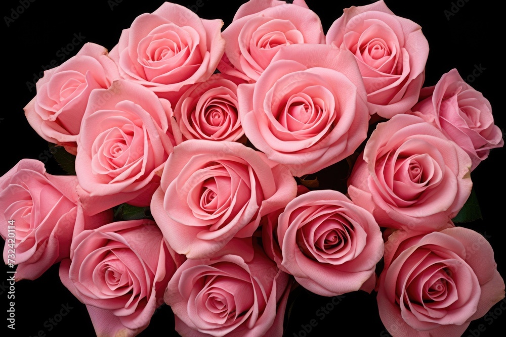 A beautiful bouquet of pink roses against a black background. Perfect for romantic occasions or as a gift for someone special