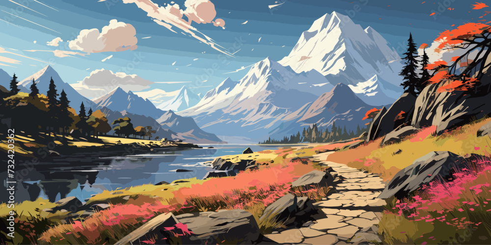a lakeside walkway with beautiful mountain scenery in the background in anime style vector