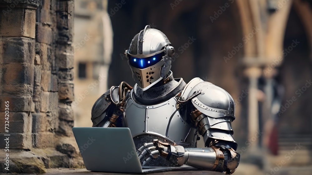 A robotic knight working on laptop, AI latest technology, AI generated A robotic knight working on laptop, AI latest technology, AI generated