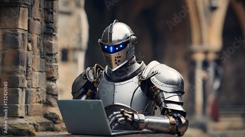 A robotic knight working on laptop, AI latest technology, AI generated photo