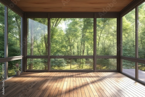 A room with a wooden floor and an abundance of windows. Ideal for interior design projects or showcasing natural lighting.