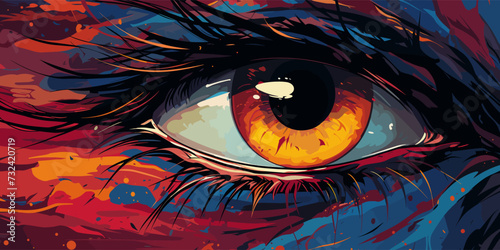 Anime face with red eyes from cartoon. Web banner for anime, manga vector flat bright colors