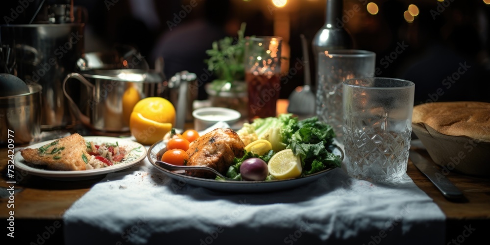 A table filled with plates of delicious food and refreshing drinks. Perfect for showcasing a variety of cuisines and beverages.