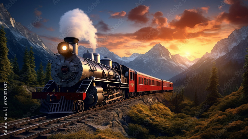 steam train in the mountains - obrazy, fototapety, plakaty 