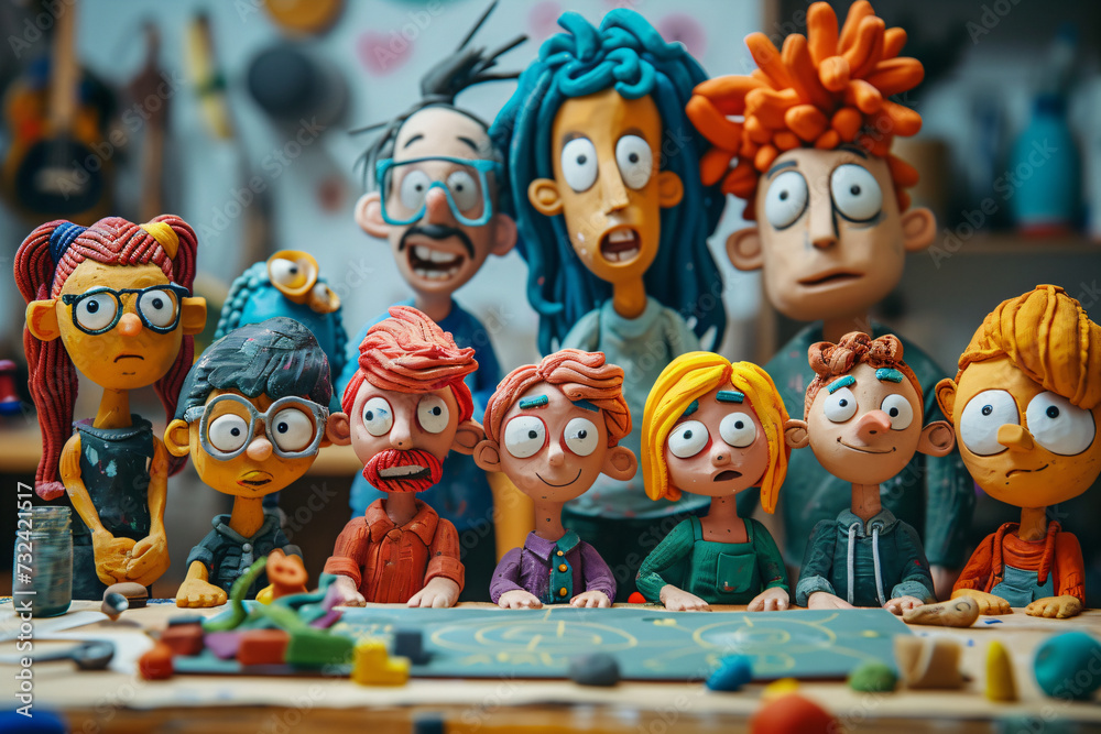 Group of clay characters in a workshop environment. Handmade figurines with art supplies concept for design and animation Group of clay characters in a workshop environment. Handmade figurines with art supplies concept for design and animation