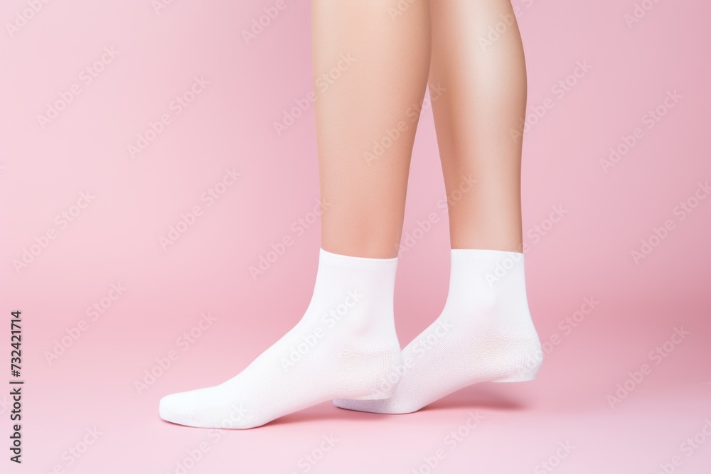 Woman's legs wearing white socks on a vibrant pink background. Suitable for fashion, lifestyle, or social media content Woman's legs wearing white socks on a vibrant pink background. Suitable for fashion, lifestyle, or social media content