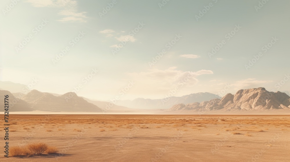 A picturesque desert scene featuring mountains in the distance. This image can be used to depict the beauty and vastness of nature