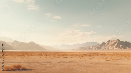 A picturesque desert scene featuring mountains in the distance. This image can be used to depict the beauty and vastness of nature © Fotograf
