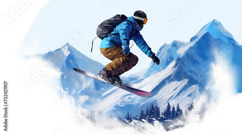 A man riding a snowboard down the side of a snow-covered mountain. Suitable for outdoor adventure and winter sports concepts