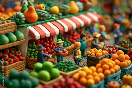 Miniature clay characters shopping at a vegetable market. Handmade art figurines in a fresh produce market setup for animation