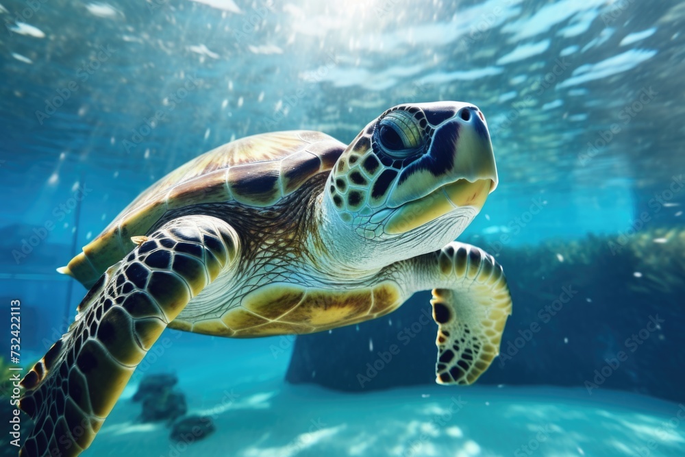 Obraz premium A turtle swimming in the water with its head above the water. Suitable for nature and wildlife themes