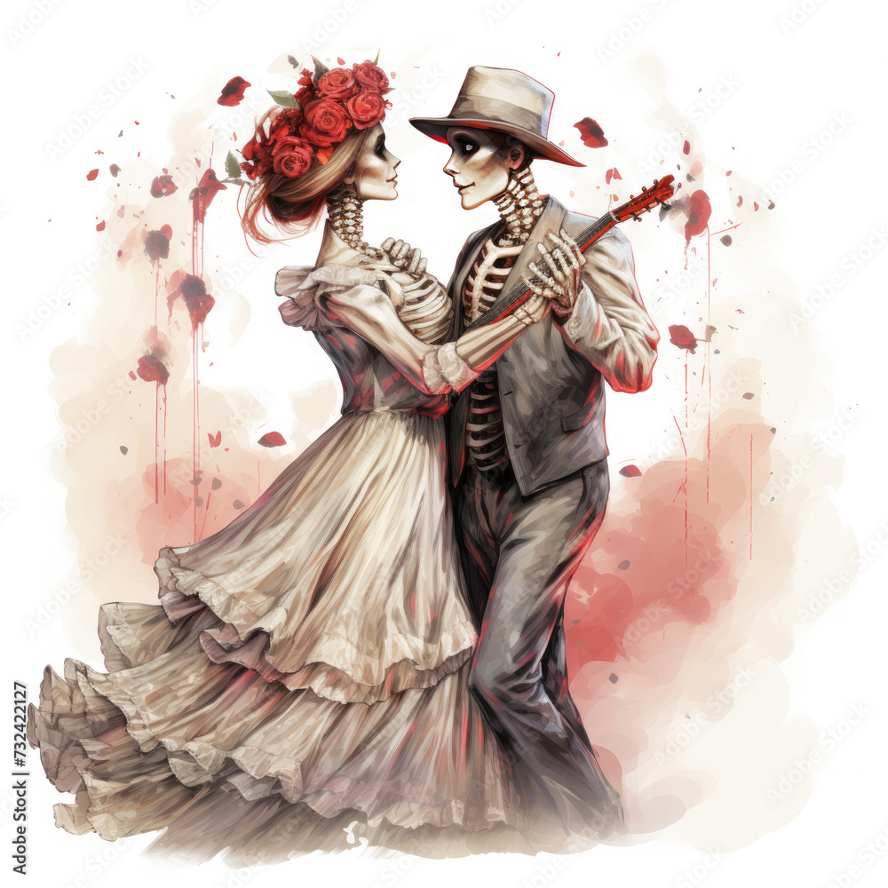 watercolor Skeleton dancing with his lover clipart, Generative Ai