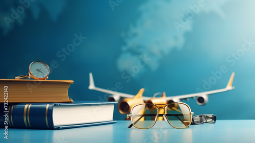 travel concept with world map books and sun glasses photo