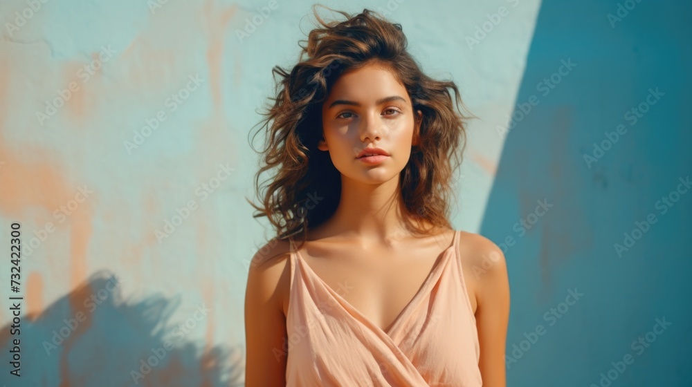 A woman wearing a pink dress stands confidently in front of a vibrant blue wall. Perfect for fashion, lifestyle, and advertising projects A woman wearing a pink dress stands confidently in front of a vibrant blue wall. Perfect for fashion, lifestyle, and advertising projects