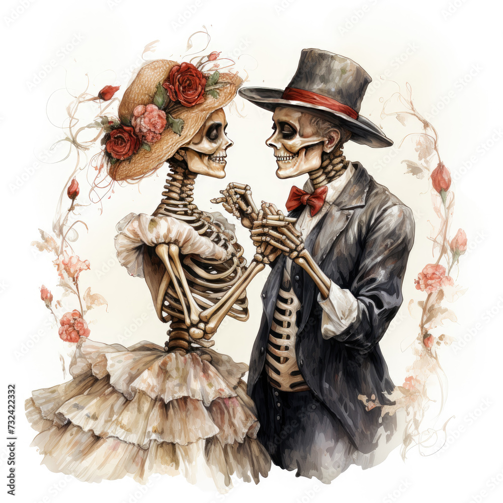 watercolor Skeleton dancing with his lover clipart, Generative Ai