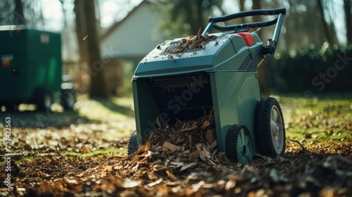 Wallpaper Mural A lawn mower sitting on top of a pile of leaves. Suitable for yard maintenance or autumn-themed designs Torontodigital.ca