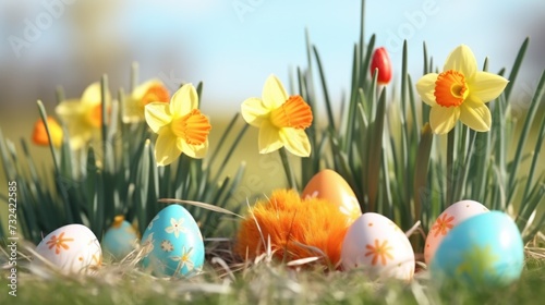 Easter eggs and daffodils in the grass. Perfect for Easter celebrations and spring-themed designs