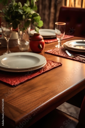 A wooden table with plates and glasses. Perfect for restaurant menus or food-themed designs